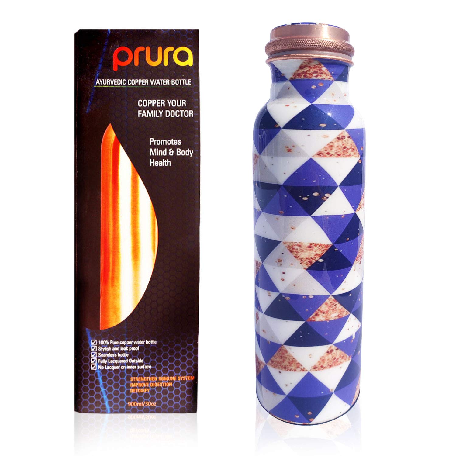 Pure Printed Copper Water Bottle - Leak Proof Ayurvedic Drinkware Copper Vessel for Sports, Gym, Outdoors, Yoga, Health Benefits (30 oz)