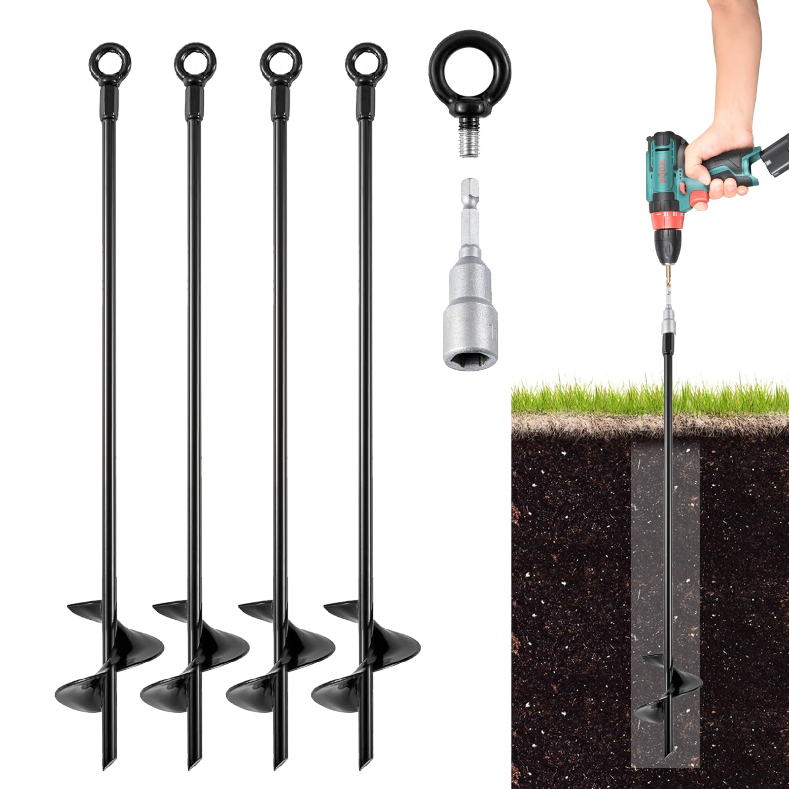 Coriver 4 Pack Ground Anchors, 15 Inch Ground Pegs kits, Ground Anchor Heavy Duty Shelters, Ground Screw Tent Pegs for Hard Ground, Fit Tents, Canopies, Sheds, Swing Sets