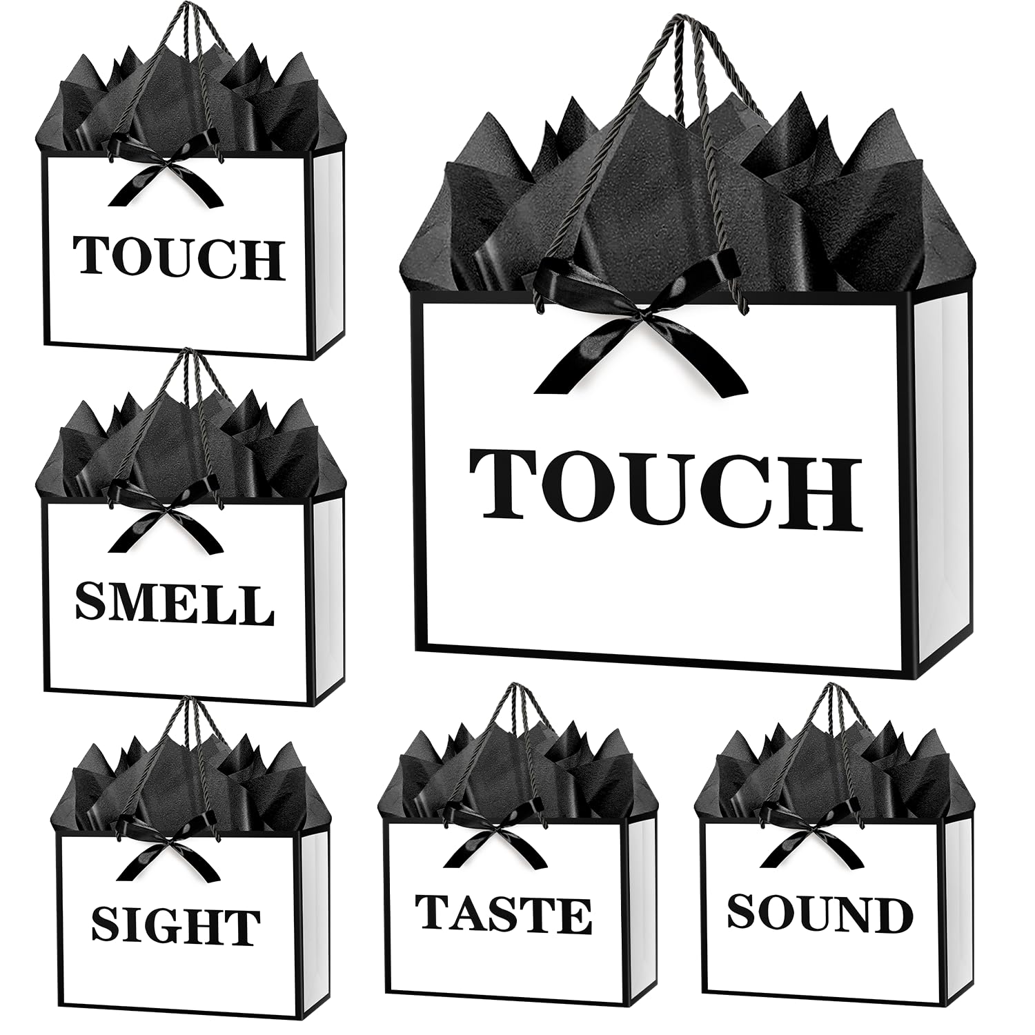 Photo 1 of **MAJOR DAMAGE**
JWSCYSY 11" Medium 5 Senses Gift Bags with Tissue Papers and Ribbons for Men, Women, Him Her Birthday, Anniversary, Wedding, Valentine's Day (White Black)