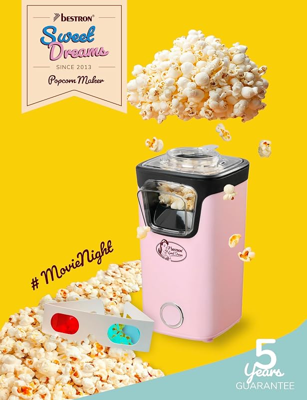 Macchina Popcorn, Turbo-Popcorn in meno di 2 minuti, Popcorn Machine con tecnologia ad aria calda, include 10 sacchetti per popcorn & misurino integrato, Collezione Sweet Dreams, Colore: Rosa