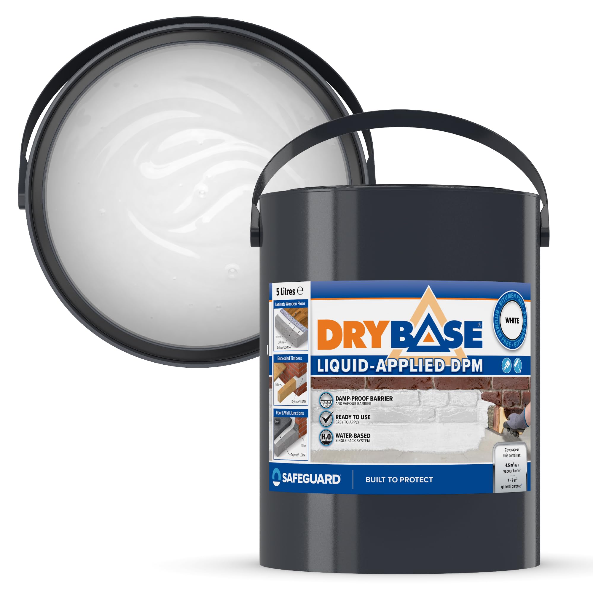 Drybase Liquid Damp Proof Membrane (5 Litre, White) - Damp Proofing Paint for Internal Walls and Floors. Waterproof Paint