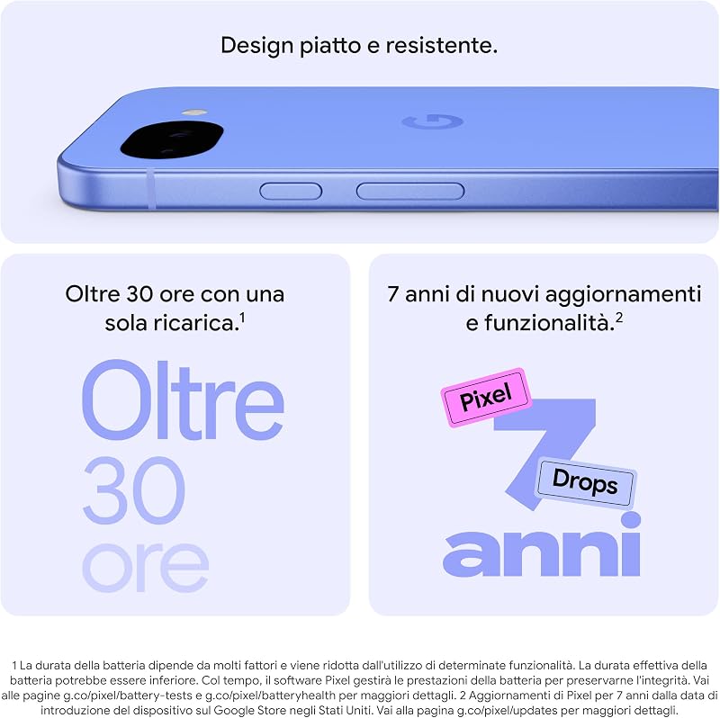 Pixel 10a - 7 anni di nuovi aggiornamenti e funzionalità, oltre 30 ore di autonomia, Guida fotografica, Gemini Live, Sicurezza Pixel - Viola lavanda, 128GB
