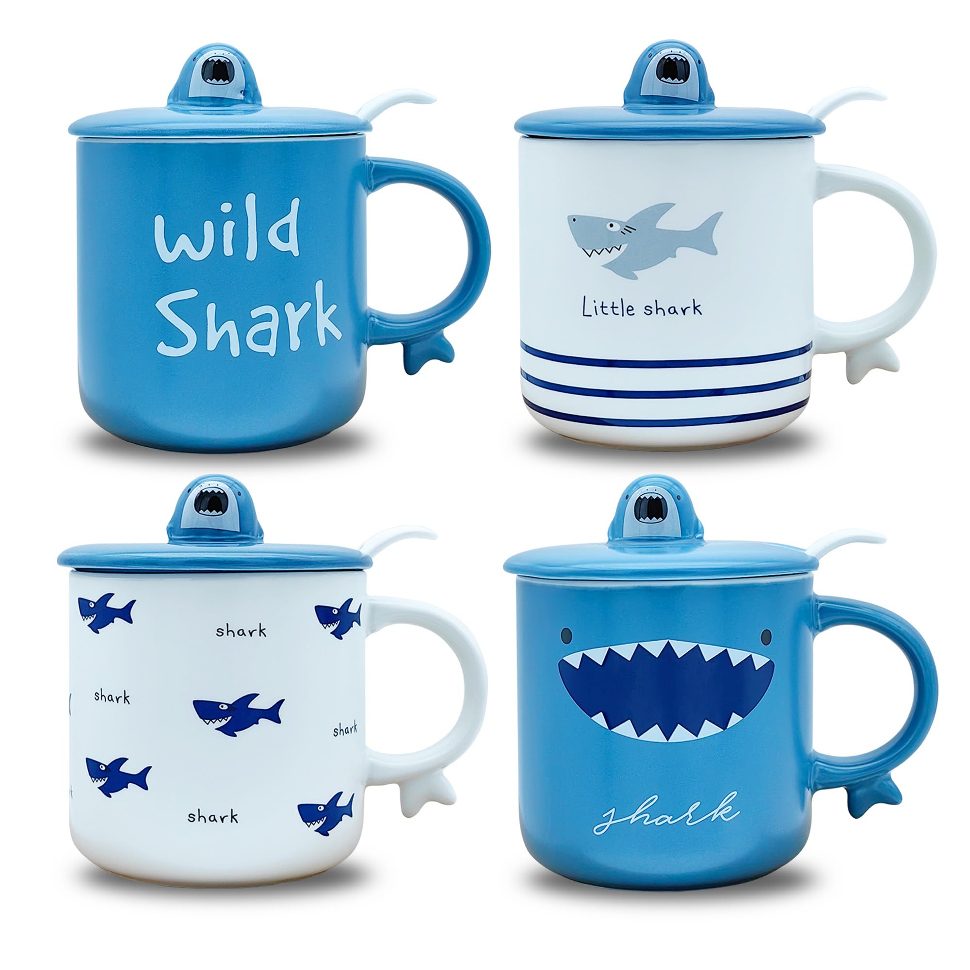 KeQiu Shark Pattern 12 Oz Porcelain Coffee Mug Set of 4 with Lid and Spoon, Ceramic Mugs Sets, Perfect for Coffee, Tea and Milk, Microwave and Dishwasher Safe, Gift for Coffee Lovers