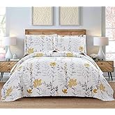 Floral Quilt Set - Queen Size Reversible Bedspread & Coverlet with Pillow Shams - Lightweight for Spring/Summer - Grey & Yellow