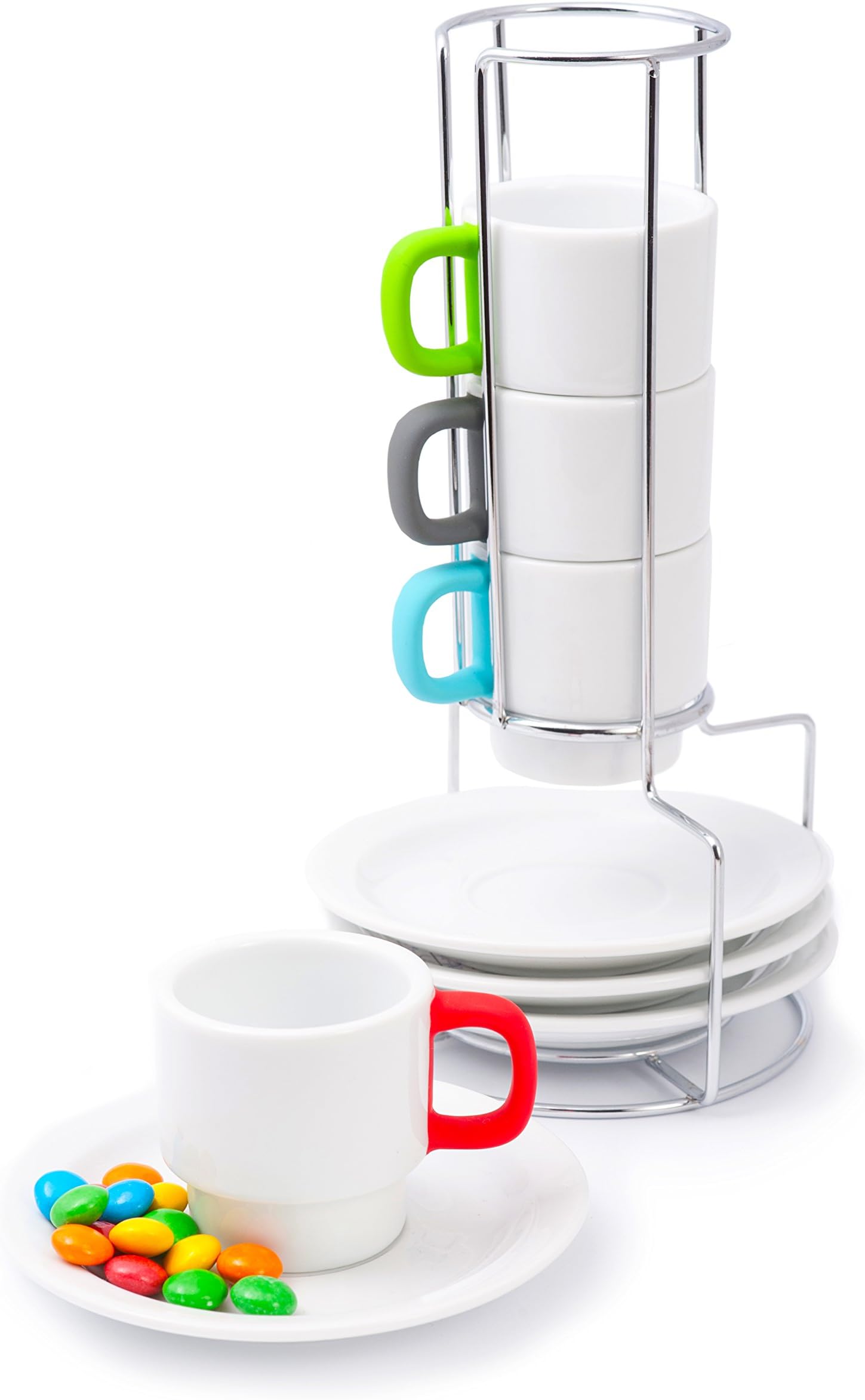 Doubleshot Espresso Coffee Cup Stackable Set – White Porcelain Demitasse Cups for Turkish Coffee – Multicolor Handles Protect from Burn – 4 Cups 70ml / 2.4oz and Saucers – Chrome Rack