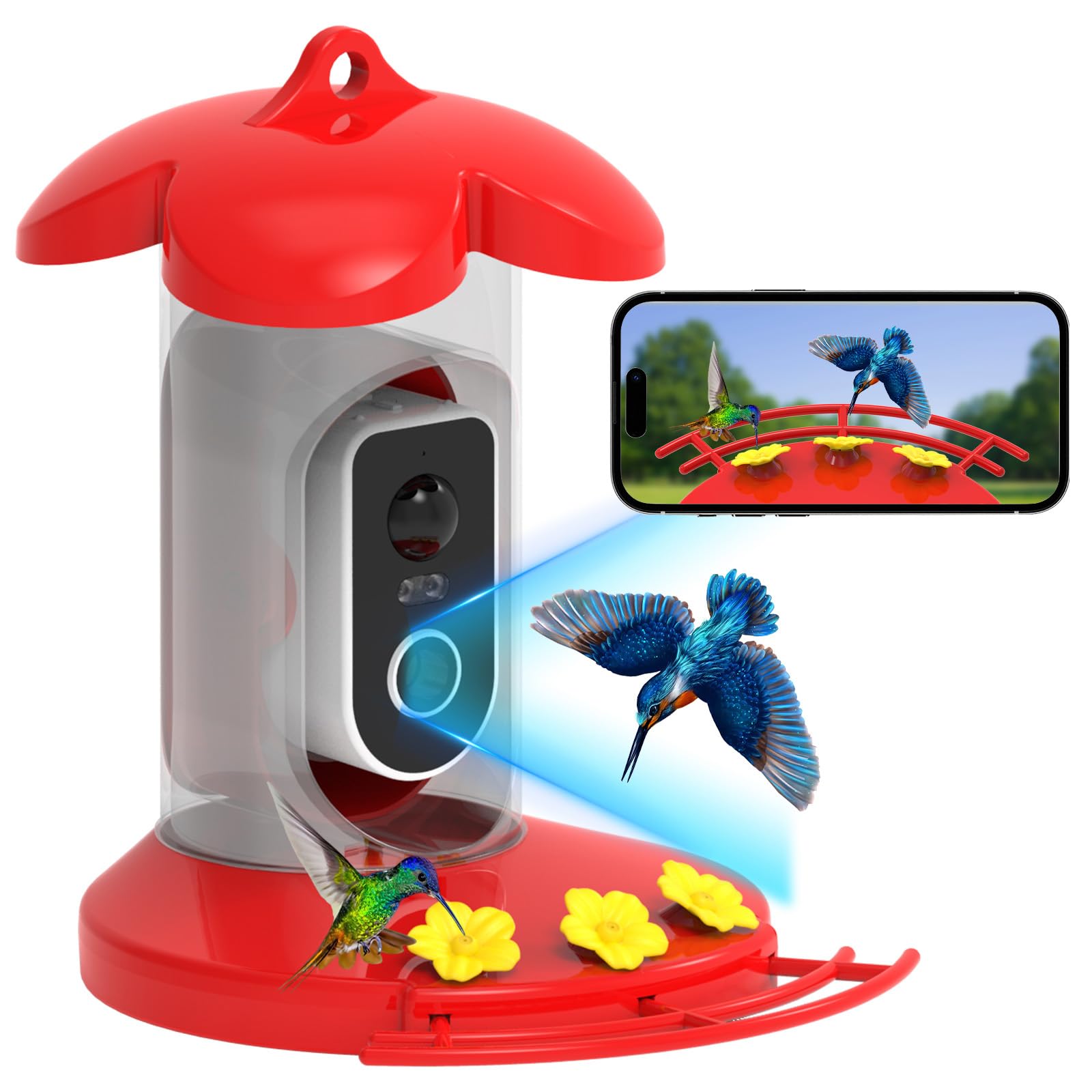 Photo 1 of Hummingbird Feeder with Camera for Outdoor - 2K QHD Video, Instant Notifications & AI Bird Species, Ant Moat, Bee Proof, Motion Detection, 2.4G WiFi, Signal Booster, Gift for Bird Lovers (Red)