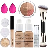 PHOERA Foundation, PHOERA Contour Palette,Shades with Highlighter & Bronzer & Blush,Up to 24 Hour Fresh Wear,PHOERA Concealer Primer Powder (104+105+ #002 Contour/Buff Beige+Sand+#002)