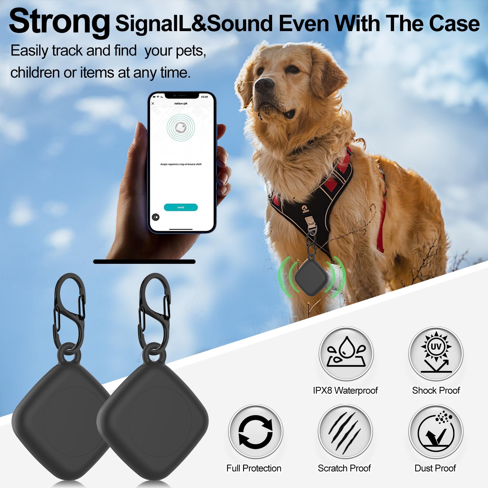 Silicone Case for Life360 Tile Tracker 2 Pack, for Tile Mate 2022 Full Body IPX8 Waterproof and Anti-Scratch Protective with Carabiner for Kids, Keys, Luggage, Cat/Dog Collar Tag (Black+Black)
