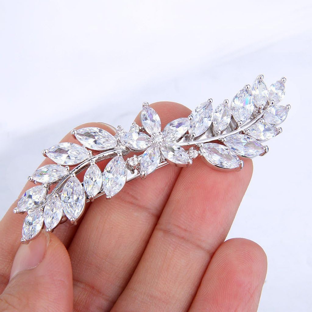 EVER FAITH Women's CZ Marquise-Shaped Hibiscus Flower Leaf Hair Barrette Clip Clear Silver-Tone: Jewelry