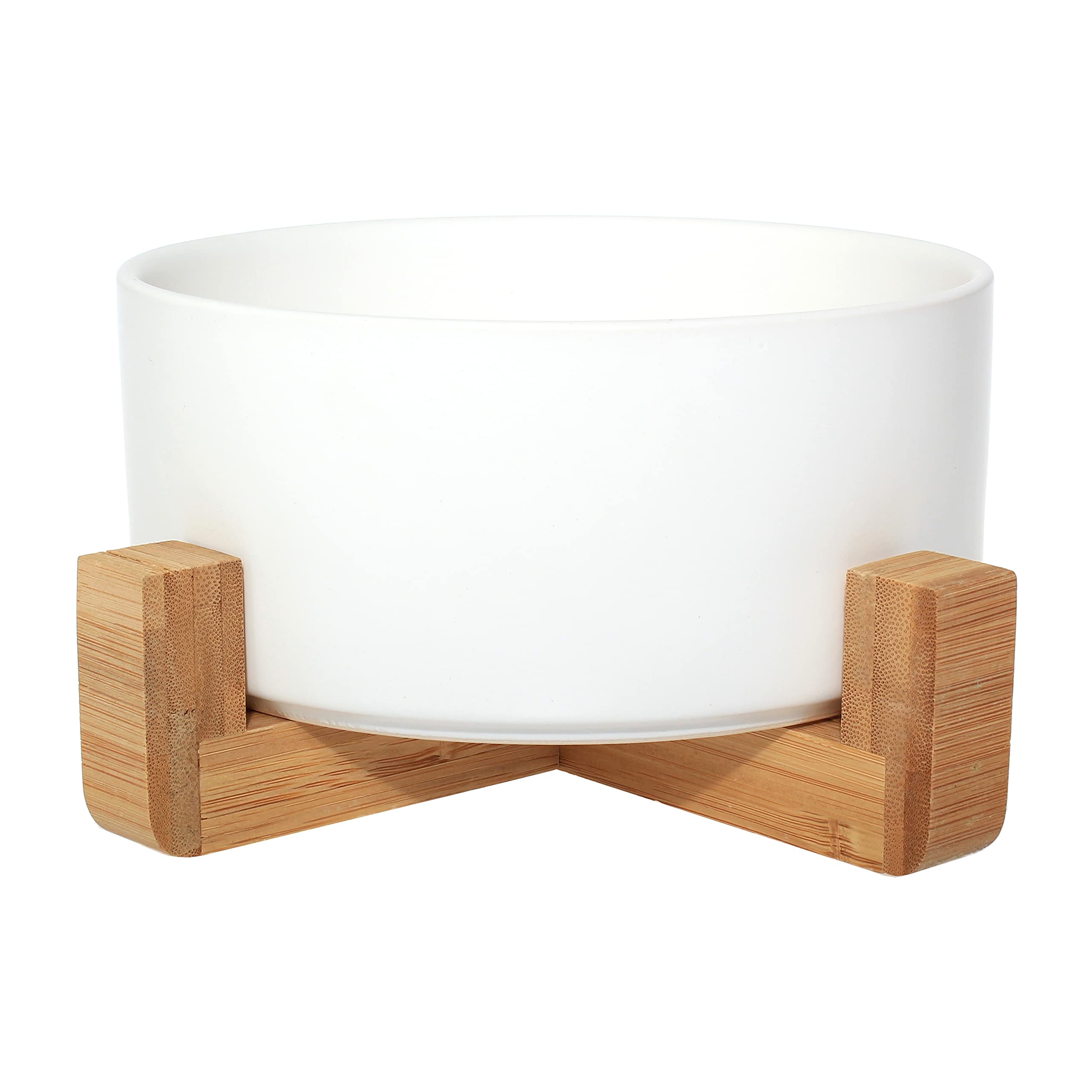 Ceramic Bowl with Bamboo Stand for Dogs & Cats, Raised Bowl for a Comfortable Position Whilst Eating & Drinking, Options, 850ml Capacity (White) — image 1