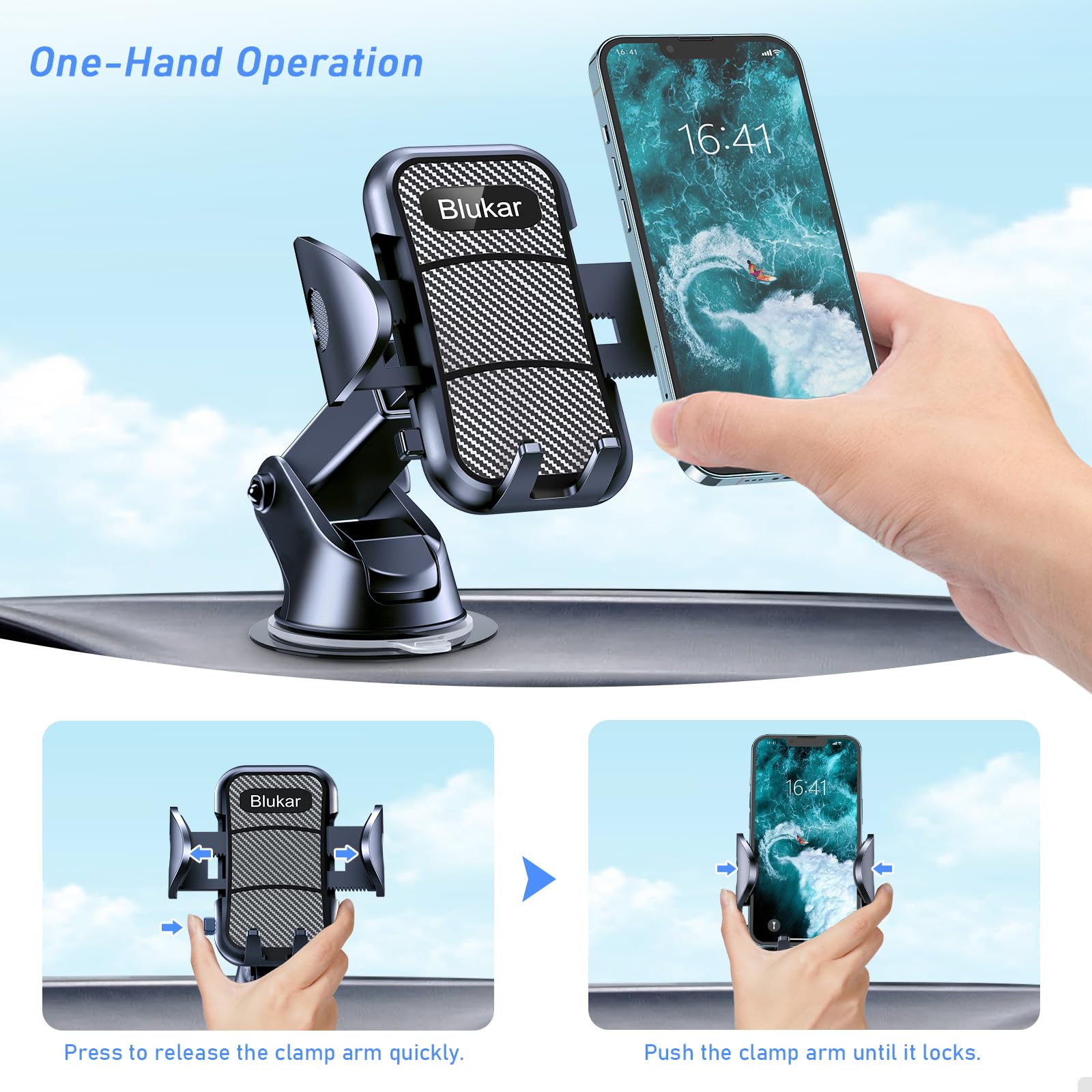 Blukar Car Phone Holder, Adjustable Car Phone Mount Cradle 360° Rotation - 4 in 1 Super Stable for Dashboard/Windscreen/Air Vent, One Button Release for All 4.7 to 6.7 inch Smartphones