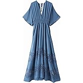 Olaesa Women's Lace Maxi Dress Short Sleeve V Neck Party Dress Smocked Waist Boho Maxi Dress Bohemian Dress for Women
