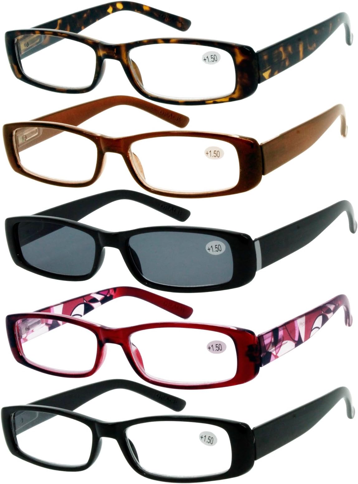 Spring Hinge Plastic Reading Glasses (5-Pack), Includes Sunglass Readers, Scratch Resistant Lenses, 100% UV/UVB Protection