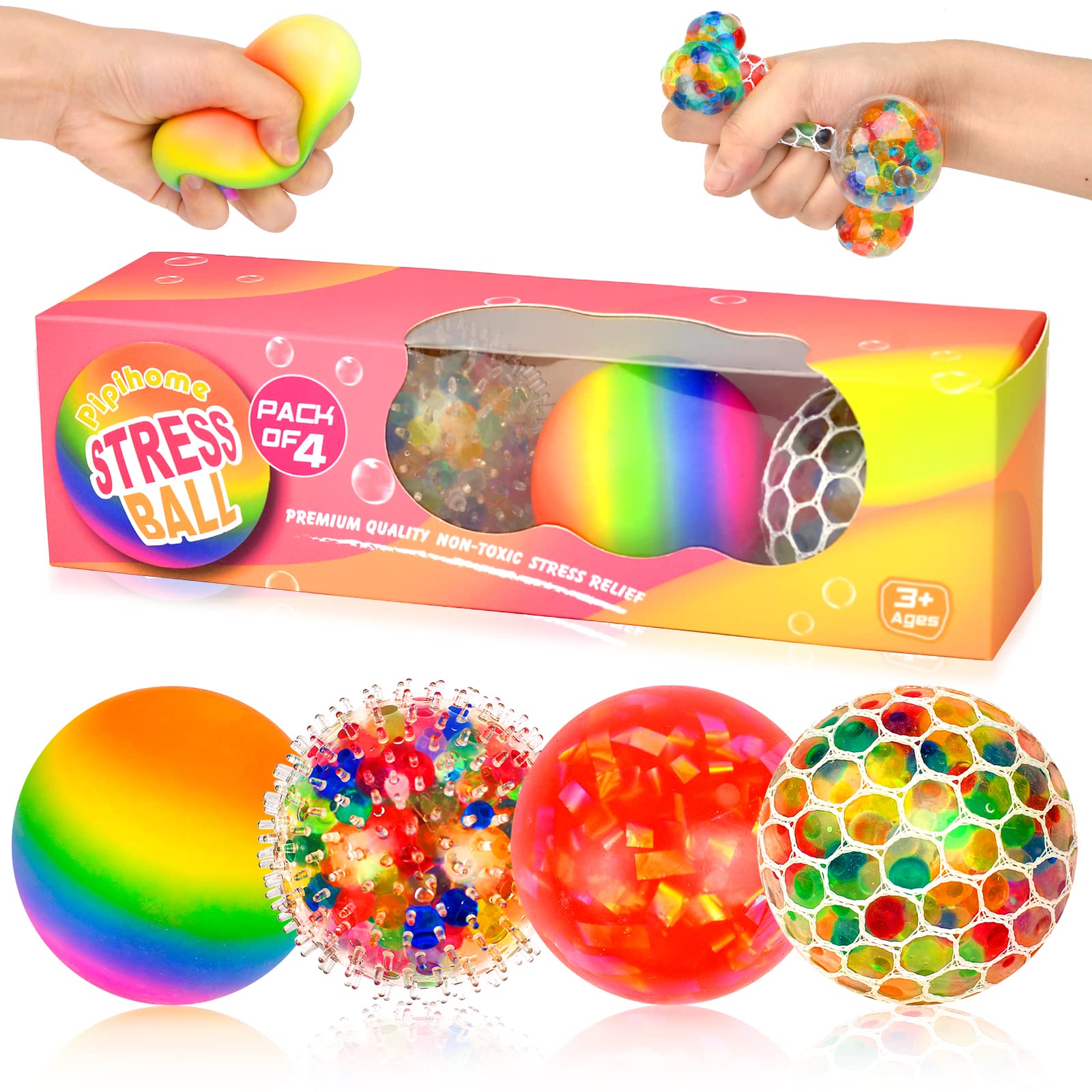 Pipihome 4 Pack Stress Balls Fidget Toys for Adults and Kids, Squeeze Squishy Toys Stress Relief Ball Mesh Sensory Balls Rainbow Ball Easter Basket Stuffers Party Bag Fillers Boys Girls Gifts