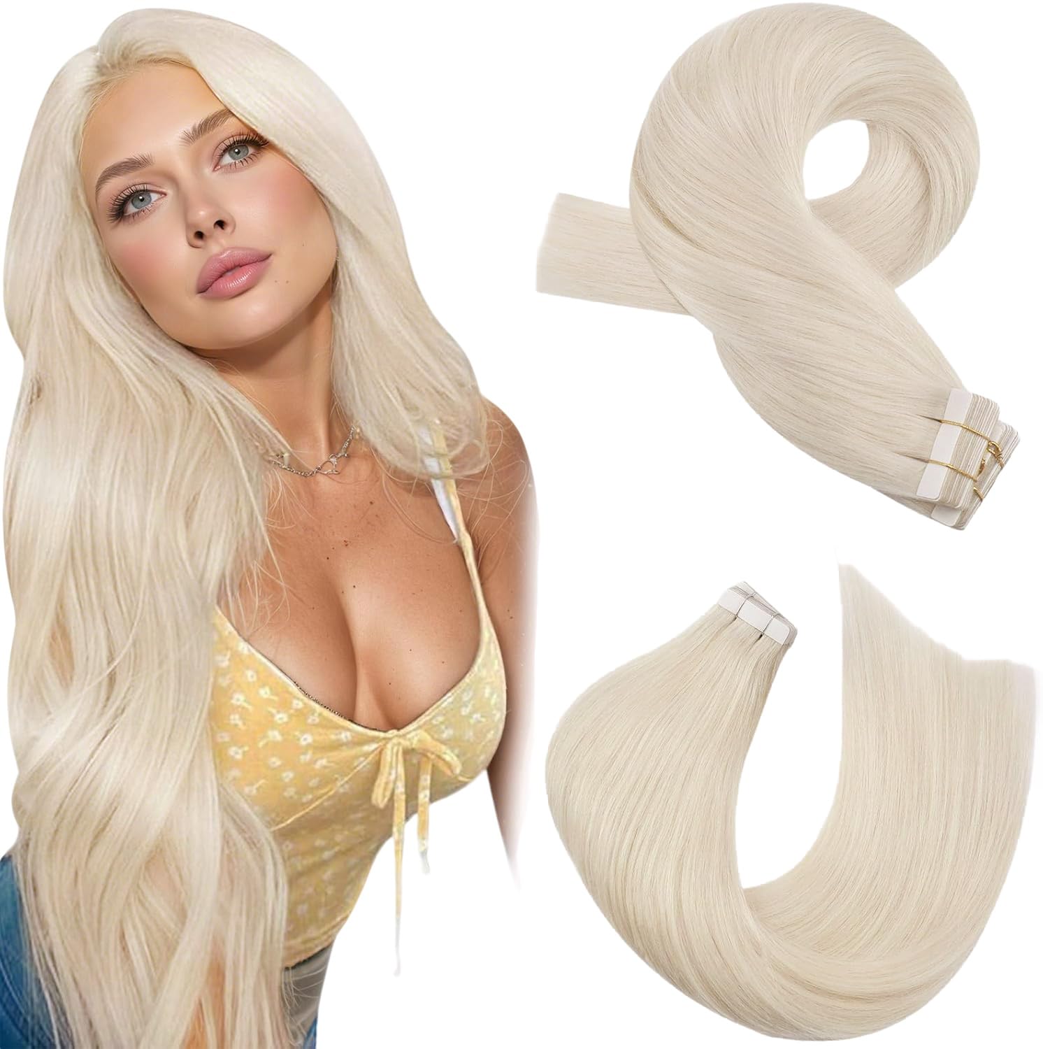 Moresoo Tape in Hair Extensions Human Hair White Blonde Tape in Real Hair Extensions Blonde 24 Inch Long Straight Hair 20 Pieces/50g #60A — image 1