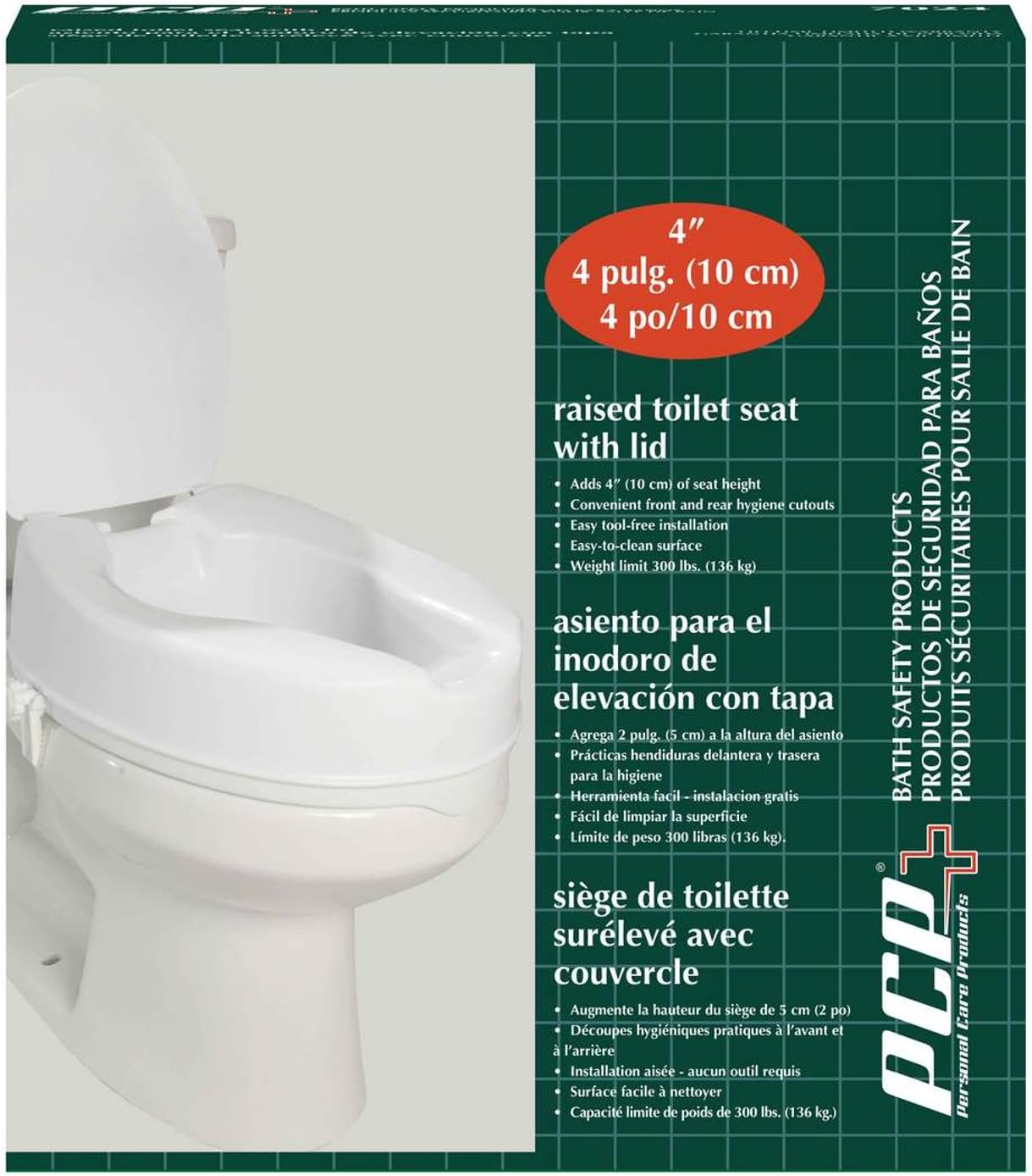 PCP 4" Raised Standard Toilet Seat, Increase Height Over Commode, Includes Lid, Tightening Stability Safety Clamps: Health & Personal Care