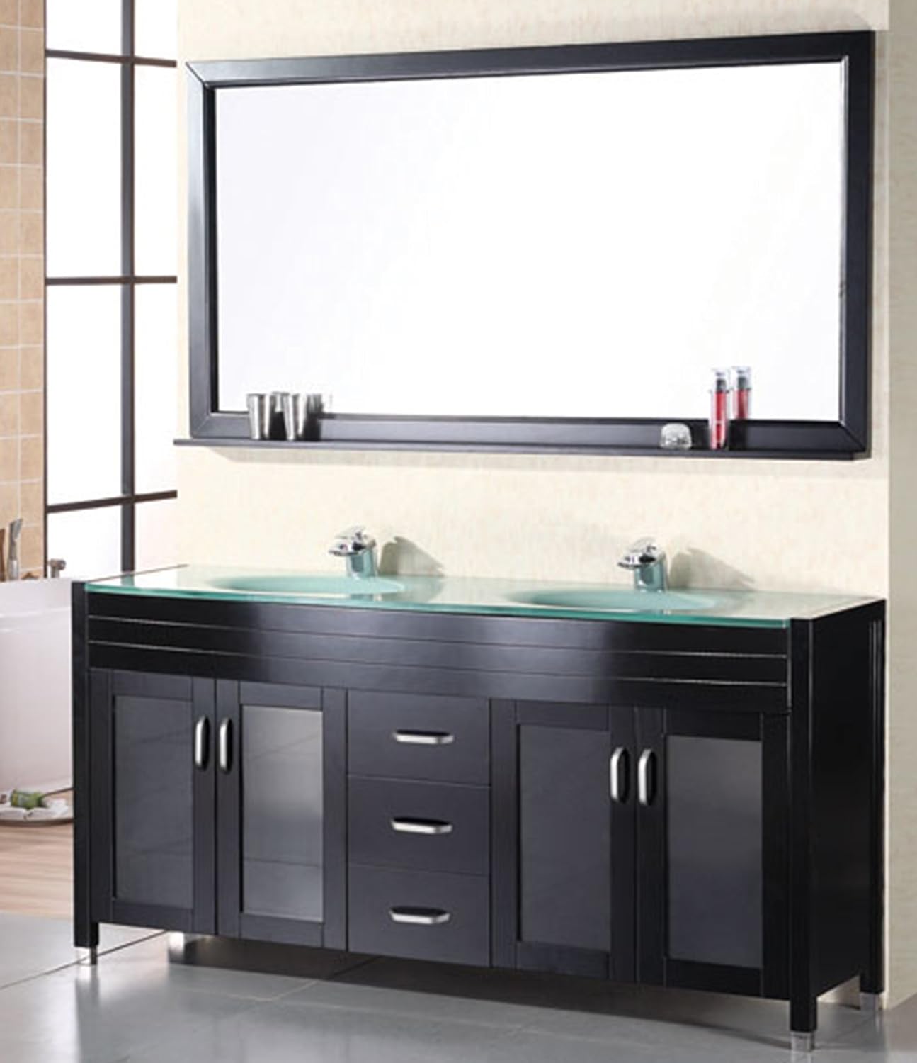 Design Element Waterfall Double Drop In Integrated Tempered Glass Sink And Countertop Vanity Set With Espresso Finish Design Element Waterfall Double Drop In Integrated Tempered Glass Sink And Countertop Vanity Set With Espresso Finish