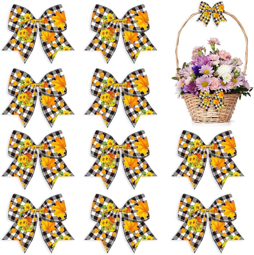 Bows & Ribbons - ABTOLS 10pcs Fall Wreath Bows, Black White Buffalo Plaid Bows for Wreath Autumn Leaves Burlap Bows for Front Door, Vintage Sunflower Farmhouse Tree Bows for Thanksgiving Holiday Indoor Outdoor Decor