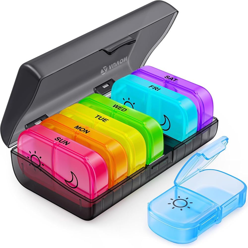 AUVON Pill Organiser XL 7 Day 2 Times a Day One-Side Large Opening Black
