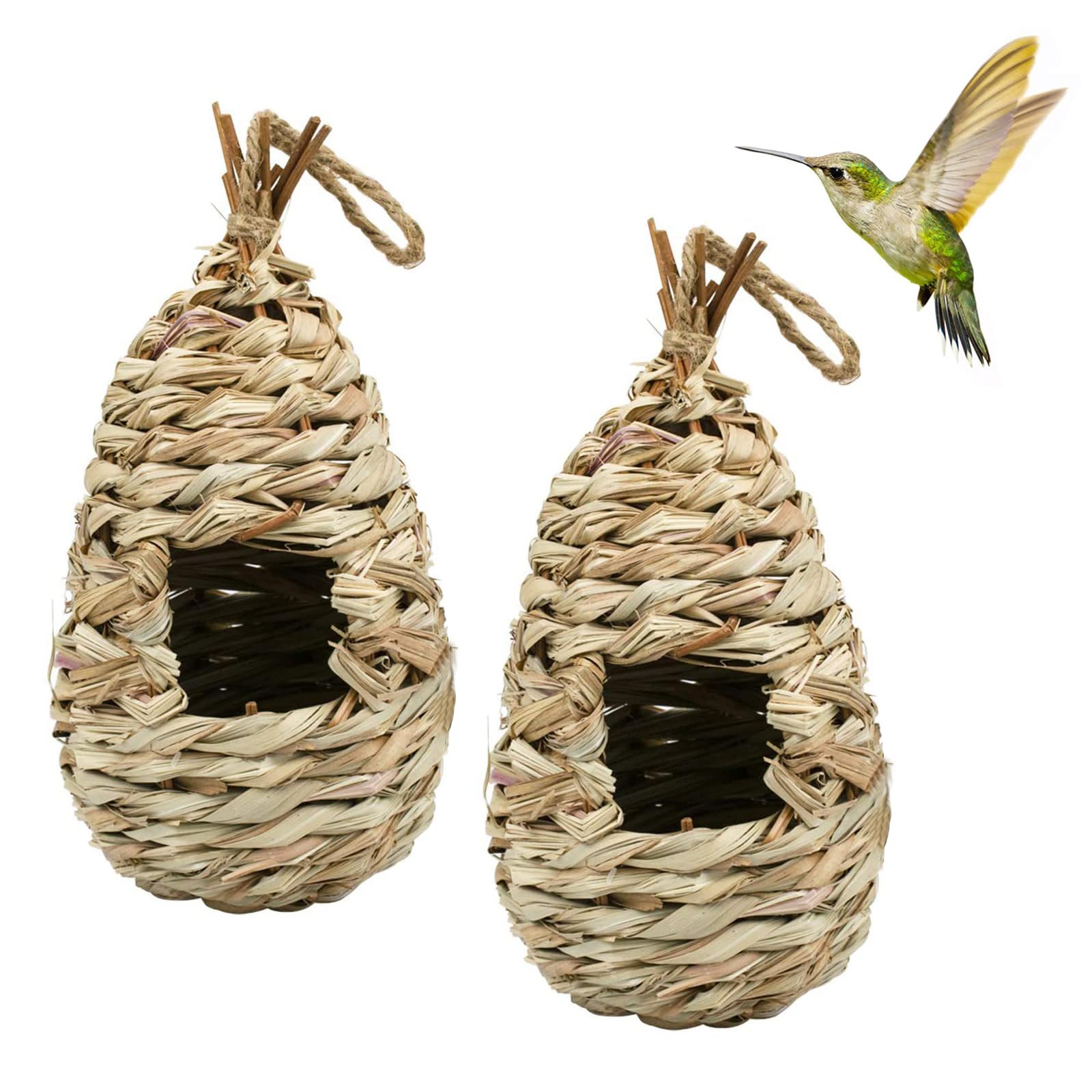 GERUI Pack of 2 Hand-Woven Reed Grass Bird Nests, Brown, 24 x 11 cm, For Hummingbirds, Indoor & Outdoor Use, Garden Decoration