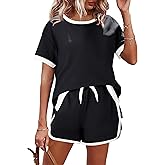 AKEWEI Shorts Sets Women 2 Piece Outfits Casual Short Sleeve Crewneck Tops and Drawstring Shorts Color Block Sets