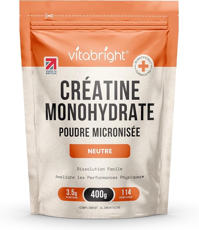 Créatine Monohydrate en Poudre Micronisée | Sachet 400 g | 114 Portions | Creatine Monohydrate Poudre Ultra-Fine 200 Mesh à Dissolution Rapide (Pas en Gelules ni Gummies) | Vegan | Vitabright