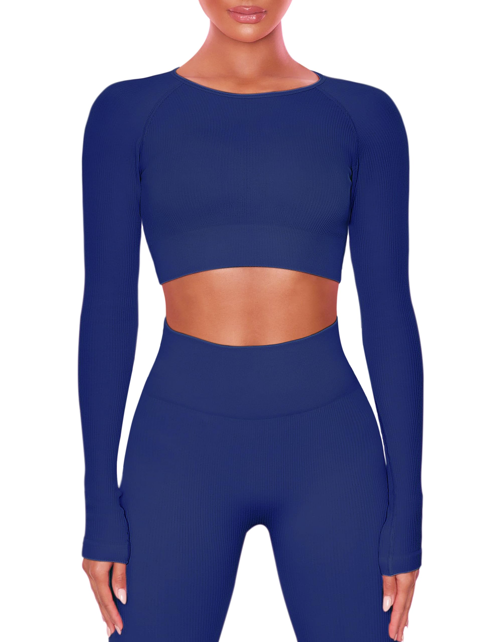 Photo 1 of Buttergene Women Workout Sets 2 Pieces Long Sleeve Yoga Outfits Gym Clothes Seamless Ribbed Crop Top High Waist Leggings