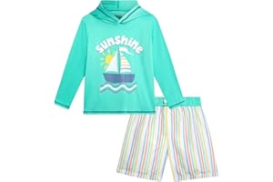 Quad Seven Toddler Boys Swim Set - 2 Piece Long Sleeve Rash Guard Swim Shirt with Hood and Swim Trunks (Sizes: 2T-7)