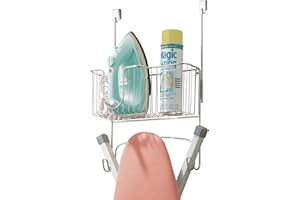 mDesign Steel Metal Over Door Ironing Board Holder with Large Storage Basket for Laundry, Utility, Mudroom, Garage - Holds Iron, Board, Spray Bottles, Starch, Detergent, Fabric Refresher - Chrome