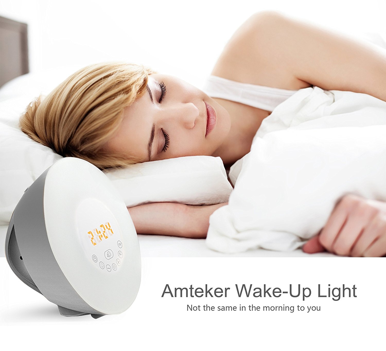Wake-Up Light, Amteker Sunrise Simulation Alarm Clock with FM Radio Nature Sounds, 7 Colors Atmosphere Lamp,10 Brightness Bedside Lamp - Touch Control night light for Girl Lady kid Baby Bedroom