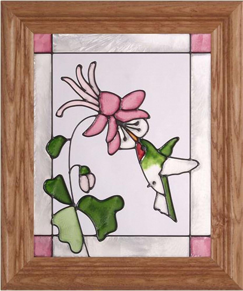 Ruby-throated Hummingbird & Pink Blossom 10.5" Wide x 12.5" High Hand Painted Art Glass Panel