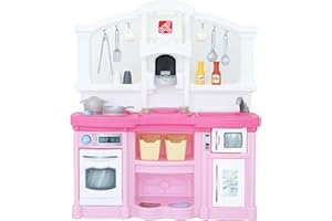 Step2 Fun with Friends Kids Kitchen Playset, Indoor/Outdoor Kitchenette, Interactive Play with Lights and Sounds, Durable Plastic, Includes 25 Piece Toy Accessories, Toddlers 2+ Years Old, Pink