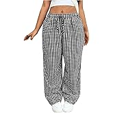 Floerns Women's Plus Size Drawstring Waist Gingham Plaid Baggy Wide Leg Pants