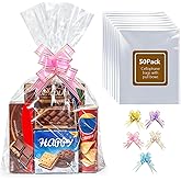 Boensi 50 Pack Cellophane Bags with Pull Bows,16x 20 Inches Clear Hampers Bags for Gift Baskets,Halloween, Easter, Christmas Fruit Basket and Gift Packaging