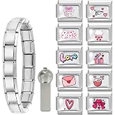 papasgix Italian Charm Bracelet Charms Pink Silver Set | Starter Brascelet Assorted Italian Charms for Bracelets and Opening Tool 9mm Modular Italian Charm Bulk Pack Links Handmade