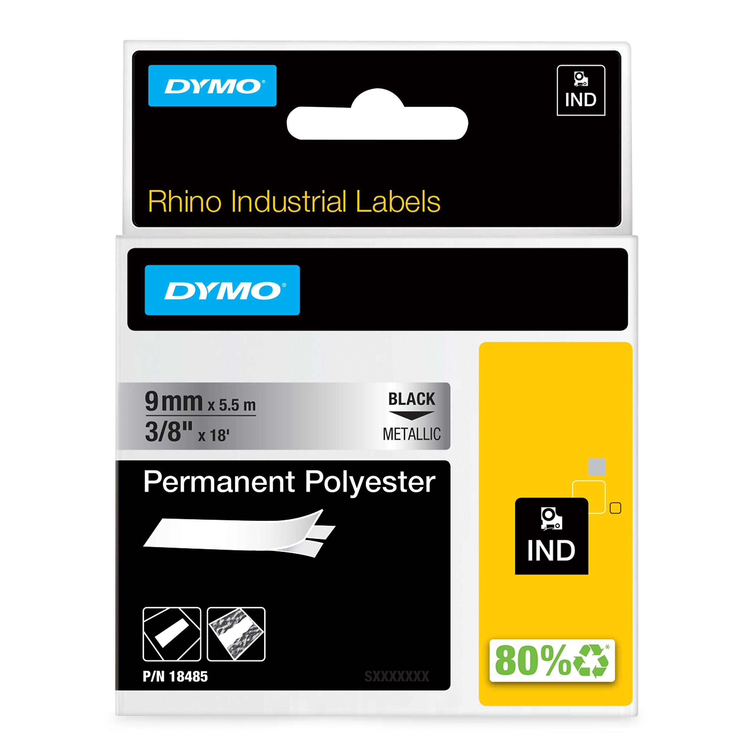 DYMO Rhino Industrial Permanent Polyester Labels | 9mm x 5.5m | Black Print on Metallic | Self-Adhesive | for Rhino & LabelManager Label Makers
