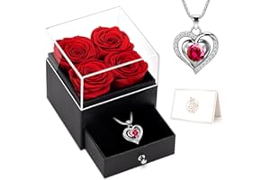 RIANEAN Valentines Day Gifts for Her, 4 Eternal Roses in Square Box with Necklace, Valentines Forever Roses Jewelry Box Gift, Preserved Flowers Gifts for Valentines Day, Birthday, Anniversary (Red)
