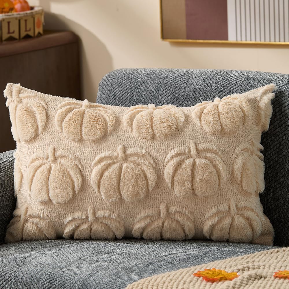 Photo 1 of DFXSZ Fall Pillow Covers 12x20 Fall Decorations Autumn Beige Big Pumpkins Decor Soft Plush Faux Fur Wool Couch Cushion Case for Chair Sofa Living Room Home Decor YZT100A