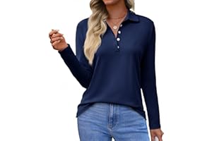 Tankaneo Womens Long Sleeve Polo Shirts Business Work Casual V Neck Collared Tops Button Down Loose Fit Tees Shirts