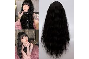 Netgo Black Wigs, Long Black Wig with Bangs, Kinky Curly Wavy Hair Wigs for Women, Heat Resistant Synthetic Daily Party Cosplay Wigs