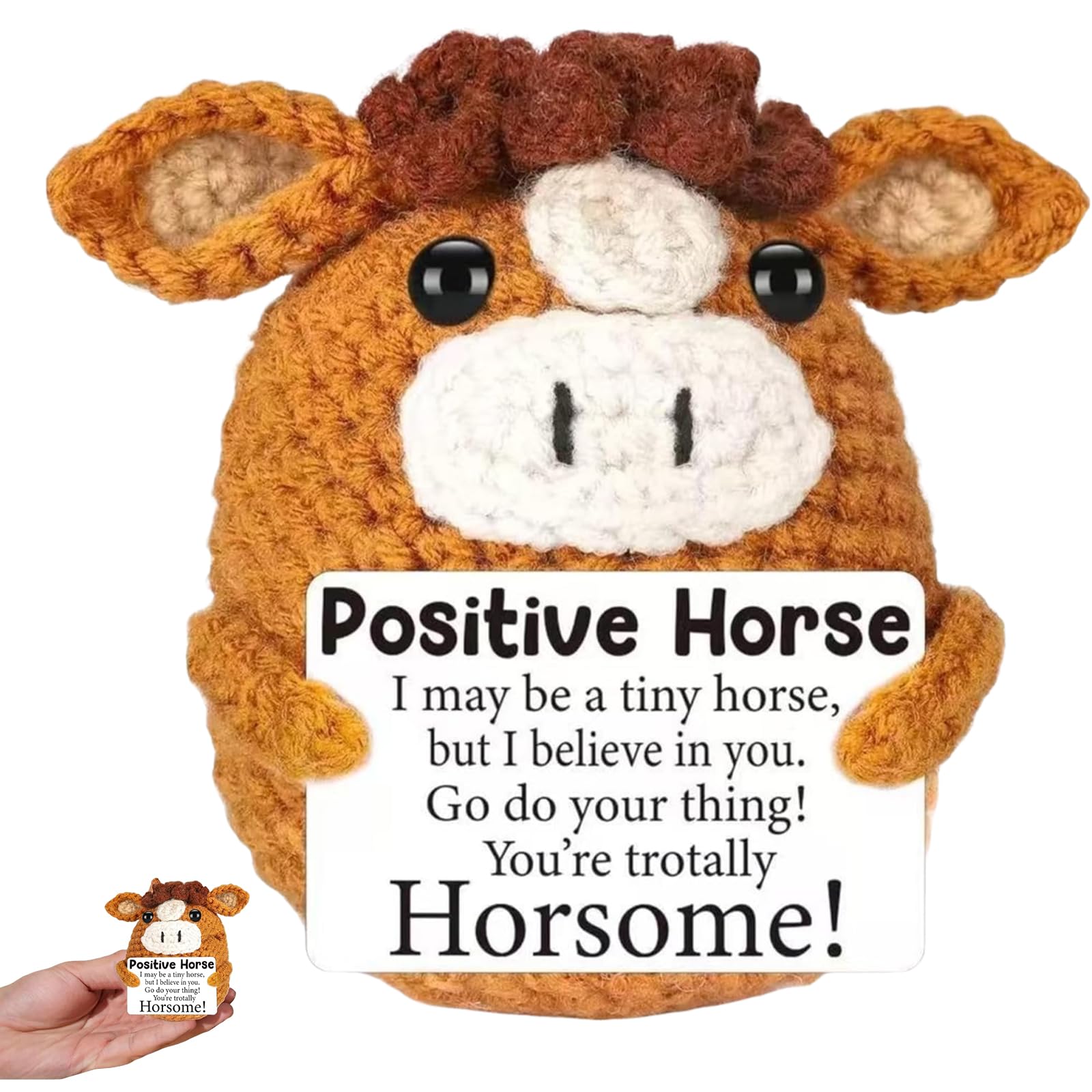 CtiUjdx Posltive Horse, Posltive Crochet Animals, Emotional Support Companion for Office Desk Decor, Horse Gifts, Handcrafted Plush Measuring 8 x 6.5 x 5.5 cm