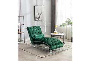 KINFFICT Velvet Chaise Lounge Chair with Toss Pillow, Modern Tufted Button Lounge Chair with Acrylic Legs, Upholstered Indoor Sleeper Chair for Living Room, Bedroom, Emerald Green