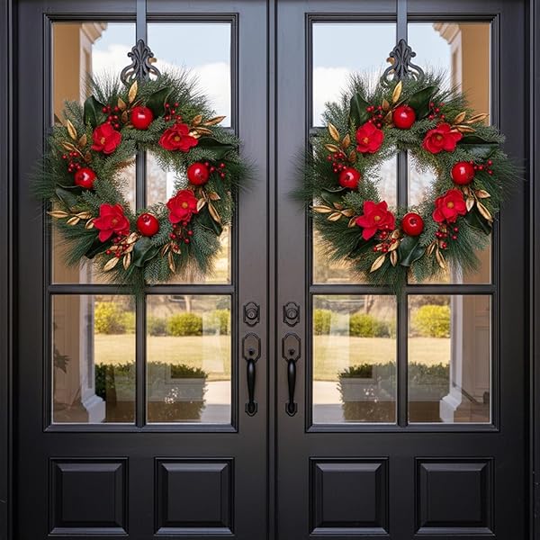 26″ CHRISTMAS WREATH FOR FRONT DOOR, RED GREEN ARTIFICIAL WREATHS WITH MAGNOLIAS & POMEGRANATES, PINE NEEDLESD AND RED BERRIES — PERFECT FOR FARMHOUSE INDOOR OUTDOOR HOME RUSTIC WINTER HOLIDAY DECOR