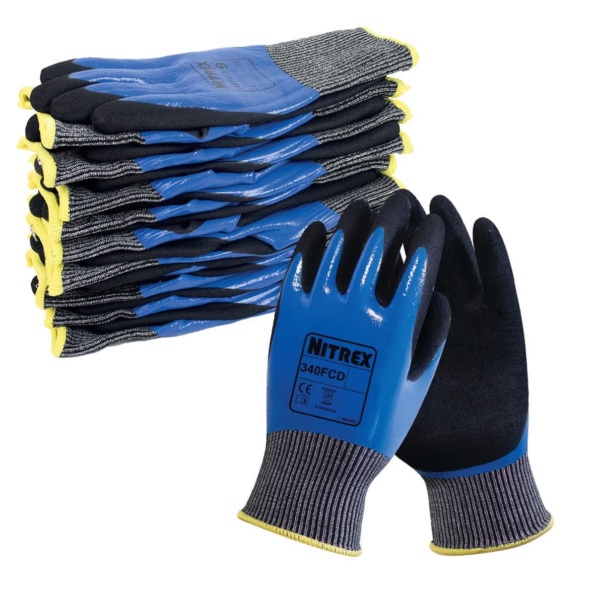 NITREX 340FCD Work and Safety Gloves, Bag of 10 Pairs - F Rated Cut Resistant Gloves with Sandy Nitrile Palm Coating in Black/Blue, Size 11
