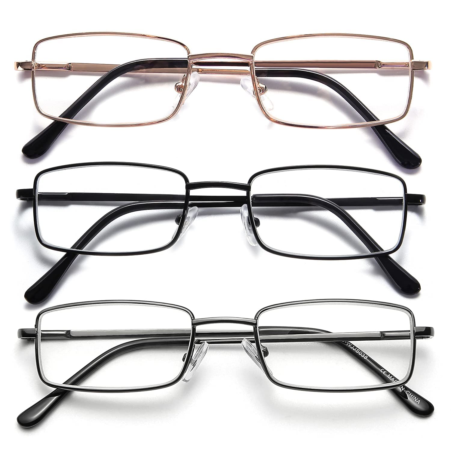 OKH 3 Pack Blue Light Blocking Square Rectangle Metal Reading Glasses for Men Anti Eye Strain/Headache Spring Hinge Clear Reading Eyelasses Reader(3Pack Mix +4.0)