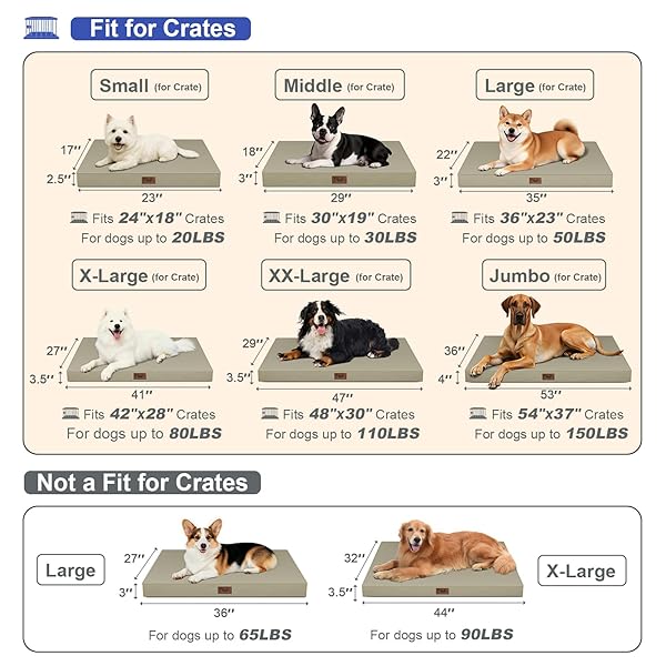 TAIL STORIES LARGE OUTDOOR ALL WEATHER DOG BED, WATERPROOF PET BED FOR LARGE DOGS, ORTHOPEDIC EGG CRATE FOAM WITH WASHABLE REMOVABLE OXFORD COOLING COVER, 36X27 INCH, KHAKI