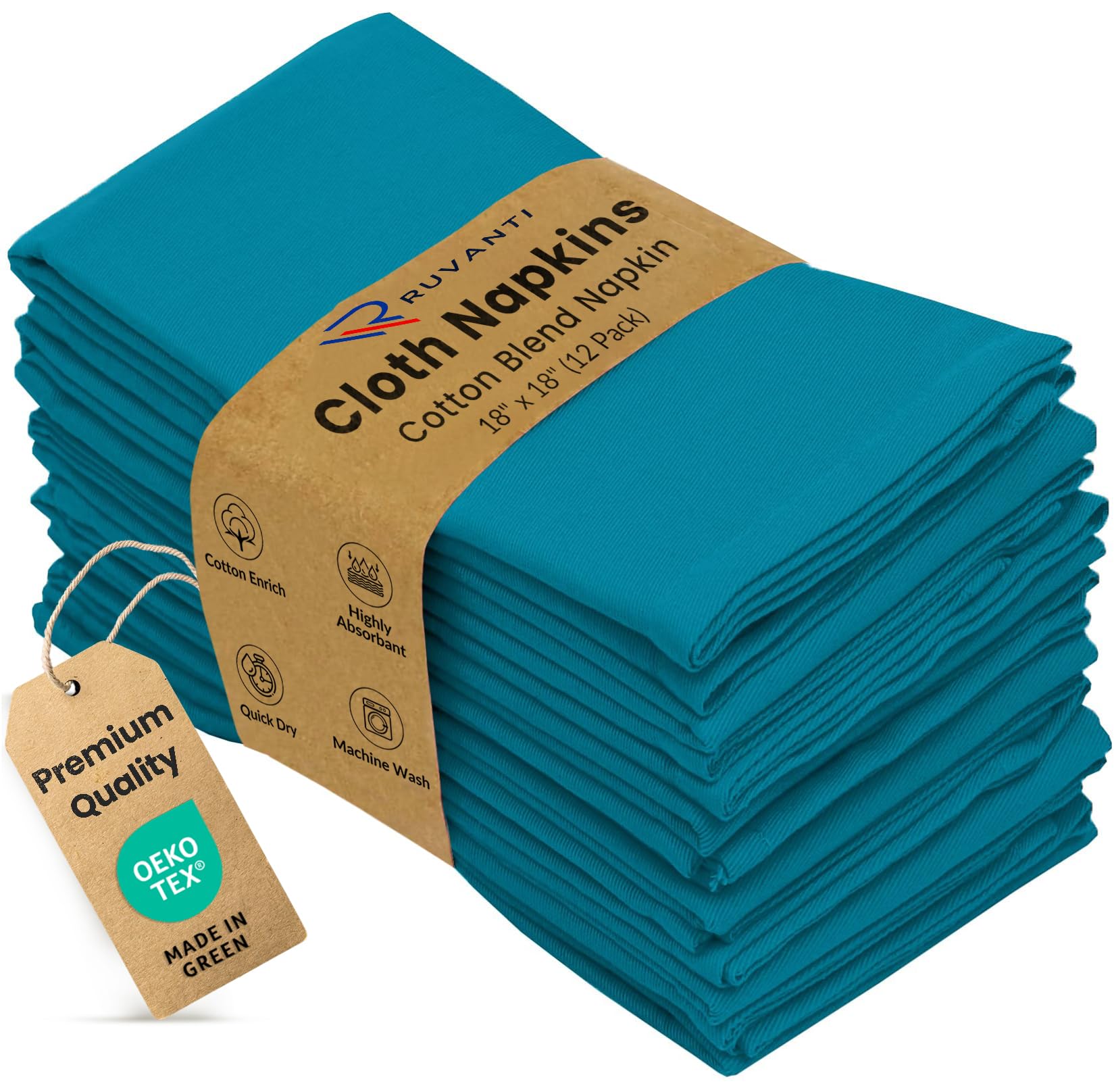Ruvanti Cloth Napkins 12 Pack 18X18 Inch Dinner Table Napkins, Soft, Comfortable Cotton Enrich, Teal Napkins, Washable & Reusable Linen Napkins for Christmas, Dinner, Weddings, Bar, Cocktail Party.