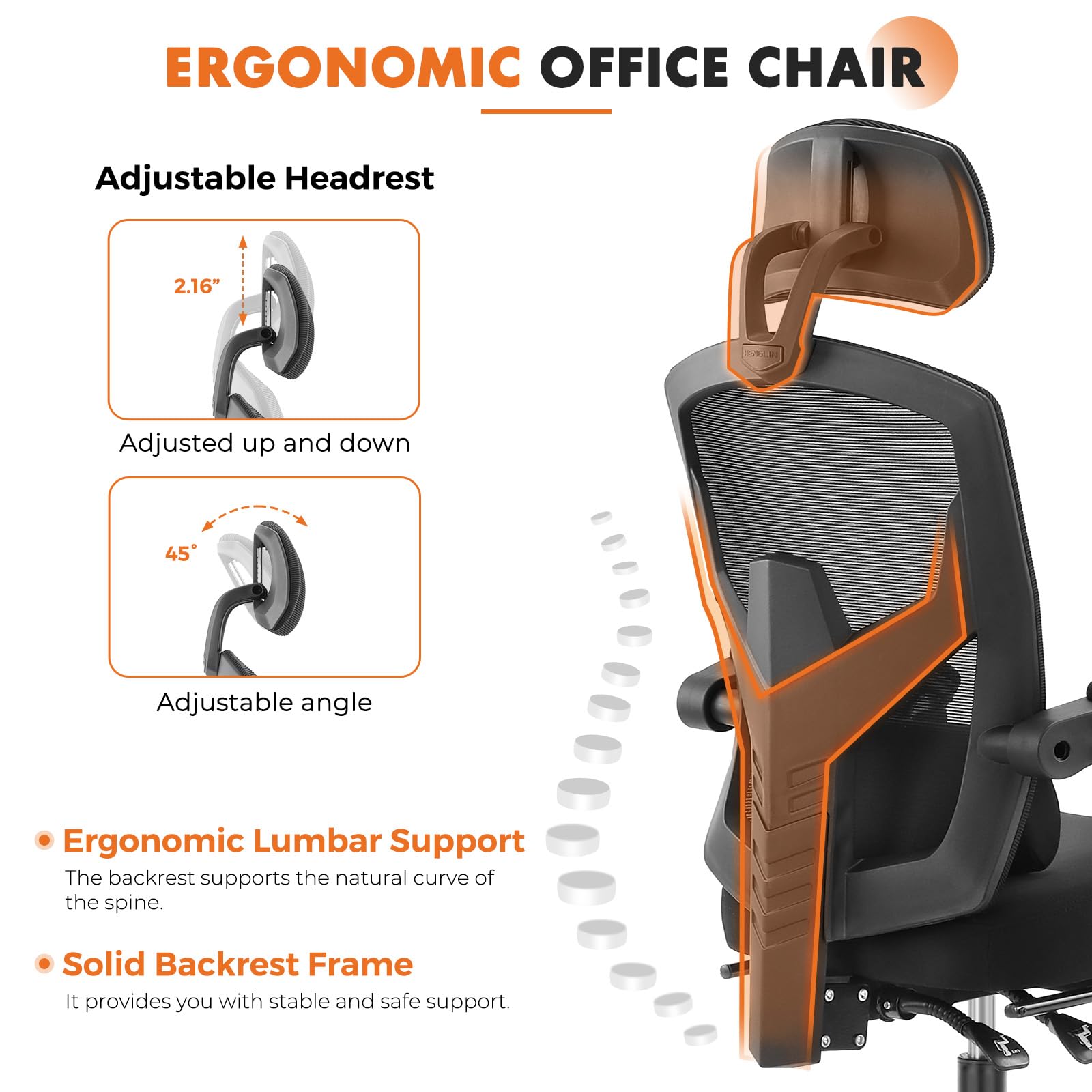 Sweetcrispy Office Computer Desk Chair, Ergonomic High-Back Mesh Rolling Work Swivel Chairs with Wheels, Comfortable Lumbar Support, Comfy Arms for Home, Bedroom, Study, Student, Black - Image 3