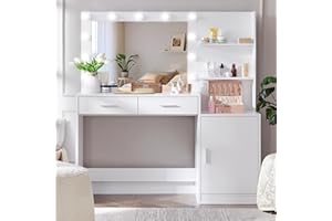 MIRROTOWEL 46.7IN Vanity Desk with Mirror and Lights, Dressing Table with 2 Large Drawer&Large Vertical Organizer, 3 Level Dresser & 3 Lighting Modes Adjustable Brightness, Suitable for Bedroom(white)