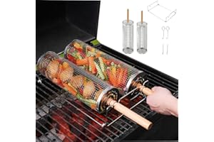 ZASTREXIS 2PCS Rolling Grill Basket, Grilling Basket with Removable Wooden Handle, Holder Included，304 Stainless Steel BBQ Ac